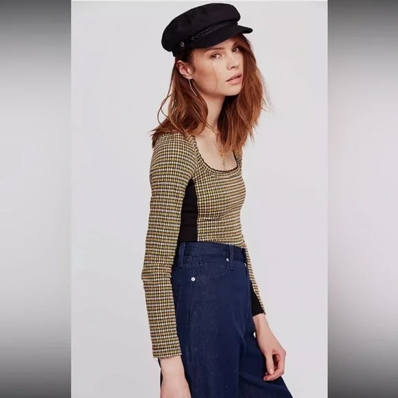 Free People Gold Herringbone Crochet Lace Detail Crop Long Sleeve Tee T-Shirt - Picture 10 of 12